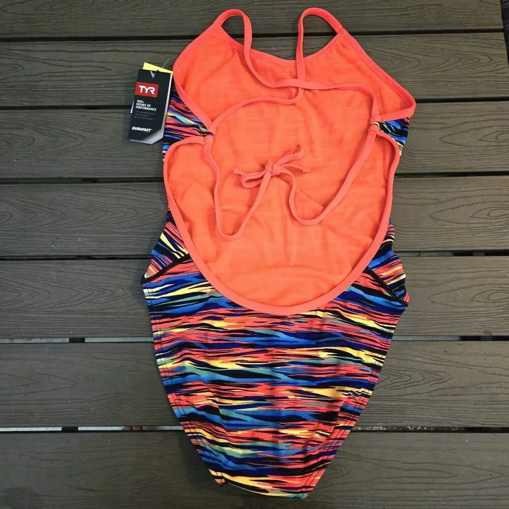 TYR DuraFast One Bonzai Crosscut Tieback 1 pc Swimsuit Orange Multi Size 34 NEW
